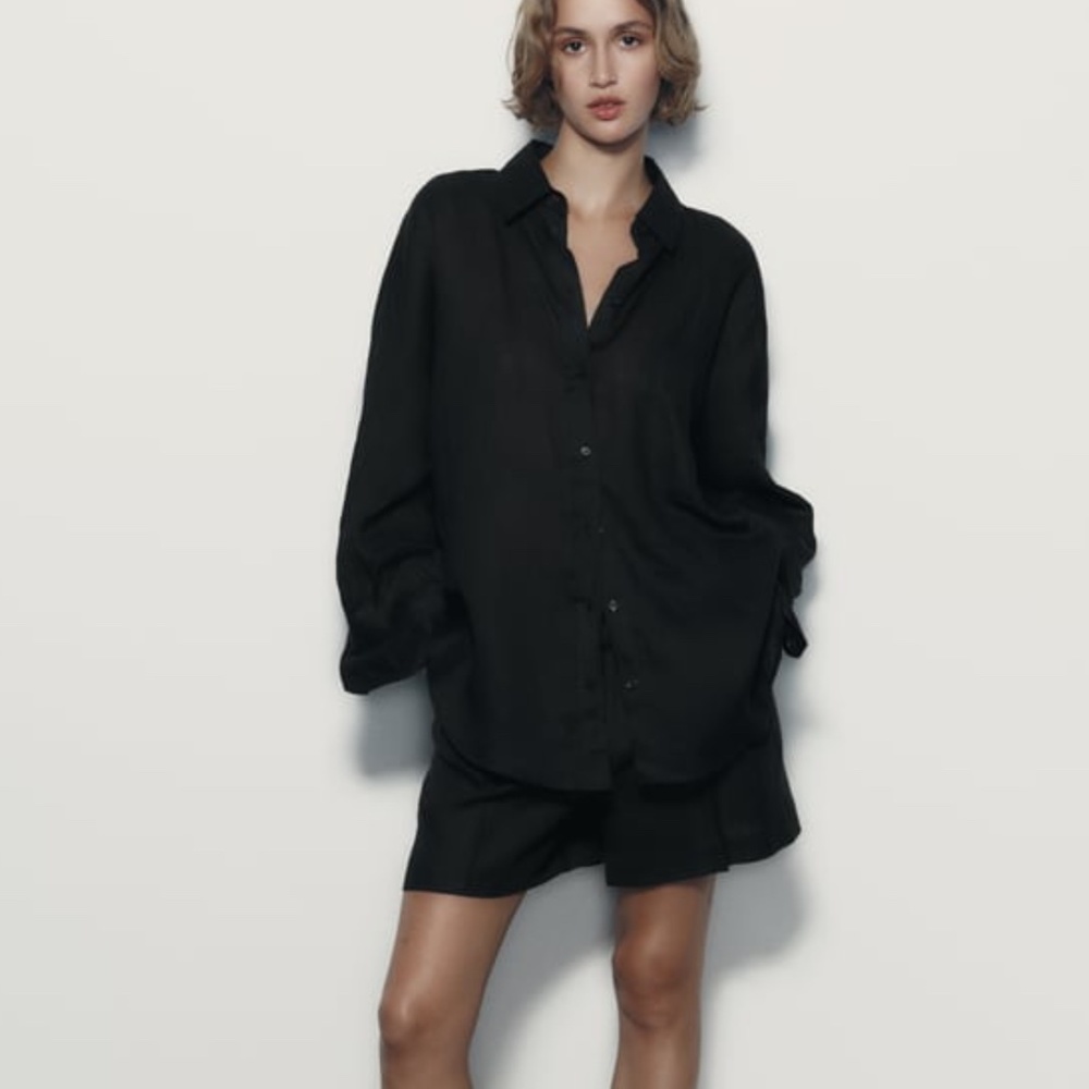 Zara, black linen button town shirt, size small